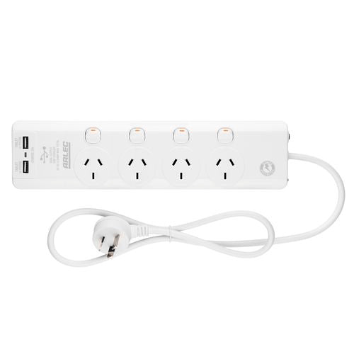Arlec 4 Outlet Surge Protected Powerboard With USB Charger
