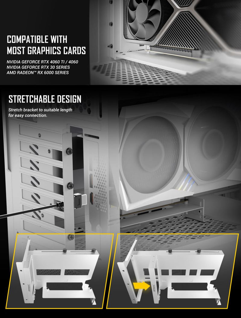 Antec Adjustable Vertical PCI Bracket withPCI-E 4.0 Cable Kit White (200mm) x 16 Speed, Gold Plated RTX 40xx and 5070 and AMD 6000 series(LS)