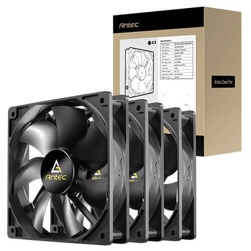 Antec N12 3PK 120mm DC fans, hydraulic bearing, 1200RPM, 42.58CFM, 1.11mmHâ‚‚O, 22.3dB, 30k h life, 3-pin, 12V, â‰¤0.24A, 1-yr