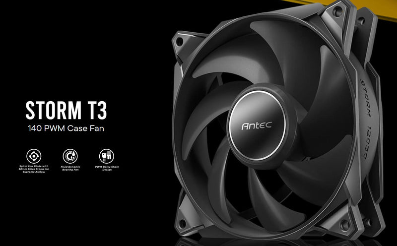 Antec Storm 140mm T3 PWM FDB 3 pack, High Airflow 112 CFM, Air Pressure 2.7, Noise Level 33.69 Woven Cable, PMW Daisy Chain design Fan, 3 Yrs