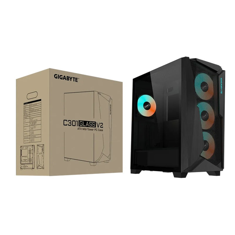 (LS) Gigabyte C301V2 RGB Tempered Glass E-ATX Black Mid Tower Gaming Chassis  2x3.5' 2x2.5' 2xUSB3.0 Detachable Dust Filter Liquid Cooling PSU ATX