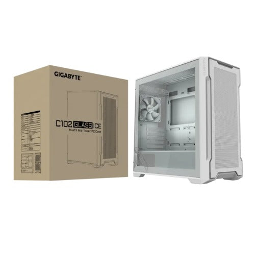 (LS) GIGABYTE C102 GLASS ICE Mid Tower case, 450x 210x 450 mm, White, 5 Expansion slots, 2x 3.5' Drive Support, 2 + 1 x 2.5' Drive Support, USB 3.0 x2