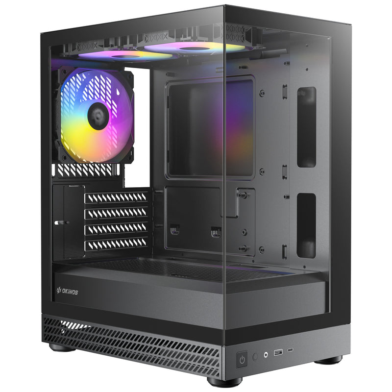 OKINOS AQUA UNO BLACK, Mini Tower, Micro-ATX/ITX, tempered glass, 3×120mm ARGB fans, USB 3.0 + Type-C, ≤309mm GPU, ≤165mm CPU cooler, steel