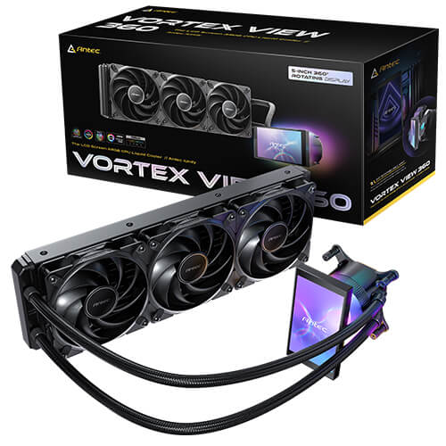 Antec Vortex View 360, 360mm AIO, Intel LGA115X/1200/1700/1851, AMD AM4/AM5, 3x120mm PWM fans, 2000 RPM, 59.23 CFM, â‰¤28.6 dB(A), aluminum rad