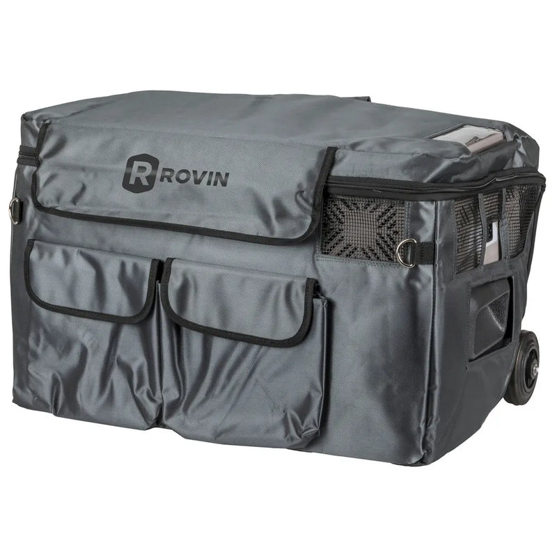 Grey Insulated Cover for 50L Rovin Portable Fridge Freezer with Handle, Wheels, Solar Input and Battery Compartment