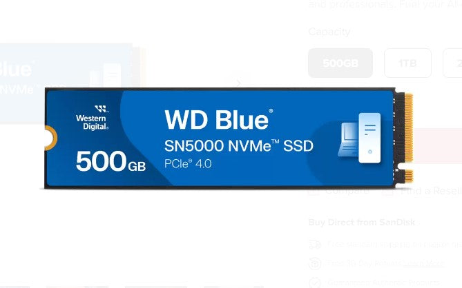 Western Digital WD Blue SN5000 NVMeâ„¢ 500GB SSD M.2 2280, 5,000MB/s R 4,000MB/s W, 460K IOPS R / 770K IOPS W, PCIe Gen4 x4, 5-Y Warranty