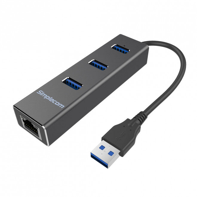 (LS)Simplecom CHN410 Black Aluminium 3 Port USB 3.0 HUB with Gigabit Ethernet Adapter 1000Mbps for PC MAC (LS)