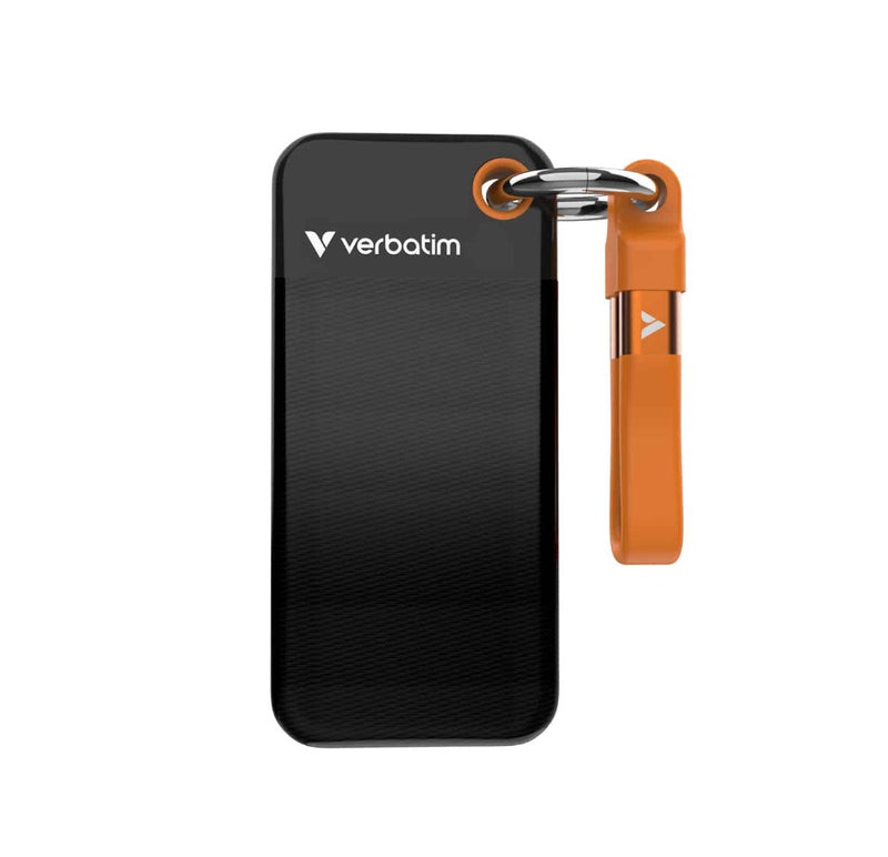 Verbatim 1TB Pocket SSD USB 3.2 Gen 2 1TB Black Orange Convenient Keyring cable holder. Compact, Rugged. Ultra Lightweight Performance 58g Portable B