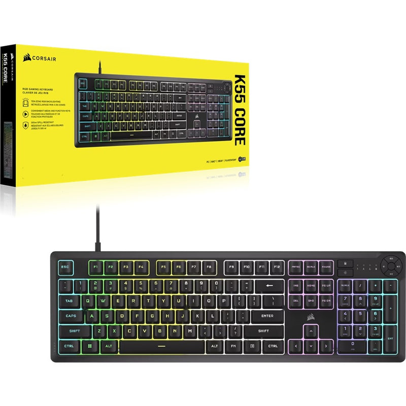 Corsair K55 CORE RGB Gaming Keyboard â€” Black, Extended layout, 12KRO, 6 macro keys, rubber dome switches, USB wired, iCUE support, media controls