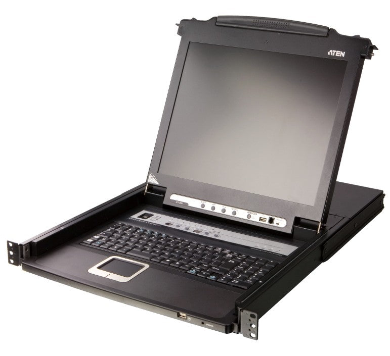 Aten Rackmount KVM Switch Single Rail 8 Port VGA PS/2-USB w/ 17.3' FHD LCD Display, Control up to 256 Computers, LED Illumination