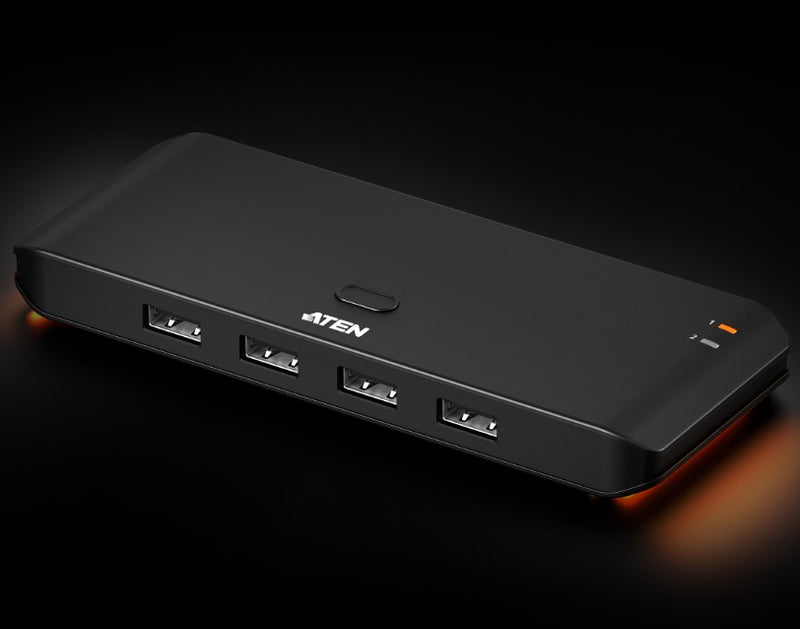 Aten Essential 2x4 USB 2.0 Sharing Switch, Sharing of four USB peripherals at 480 Mbps between two PCs at a press of the pushbutton.