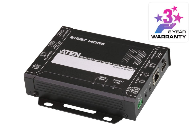 Aten HDMI HDBaseT Receiver with Dual 4K Output, one local HDMI output, supports up to 4K@70m (Cat 5e/6) and 100m (Cat 6A), extends RS232 and IR