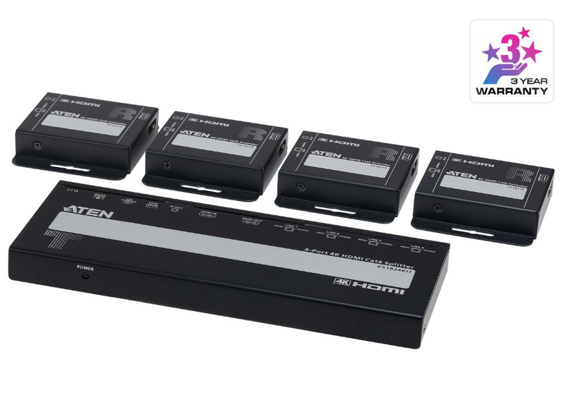 Aten VS1824KIT-AT-U 4-Port 4K HDMI Cat 6 Splitter with Receivers, 1 splitter and 4 receivers, Supports up to 4K @ 30 Hz, Power over Cable (PoC)