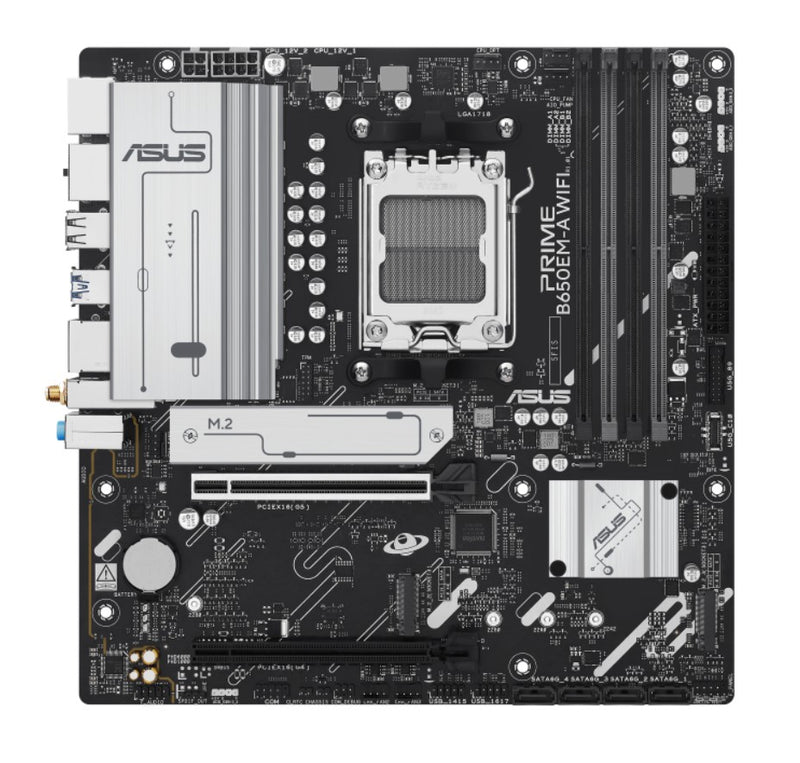 ASUS AMD B650EM PRIME B650EM-A WIFI (AM5) Micro-ATX Motherboard, DDR5, PCIe 5.0 Ready, 3x M.2, Wi-Fi 6, 2.5Gb Ethernet, 2x DP, HDMI, Front USB-C, Aura