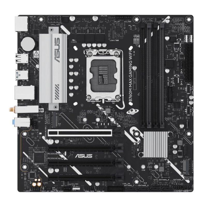 ASUS B760M MAX GAMING WIFI Intel LGA1700 mATX Motherboard, PCIe 5.0, DDR5, 3x M.2 slots, 1GB Ethernet, Wi-Fi 6, 1xDP, 1xHDMI, SATA 6Gbps, USB-C, AuraS