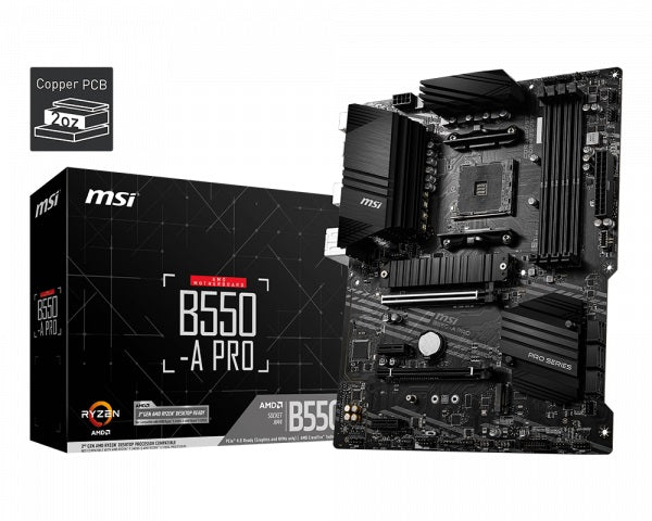 MSI B550-A PRO Motherboard, AMD Ryzen AM4, 4xDDR4, support up to 128GB, 1xPCIe 4.0/3.0 x16slot, 6xSATA 6Gb, 2xUSBGen2, 5xUSB3.2Gen1, 8xUSB2.0, HDMI