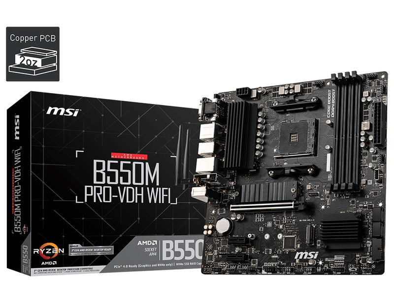 MSI B550M PRO-VDH WIFI Motherboard AMD Ryzen AM4, 4xDDR4, support up to 128GB, 1xPCIe 4.0/3.0 x16 slot, 4xSATA 6Gb, 7xUSB3.2, 6xUSB2.0, LAN, HDMI
