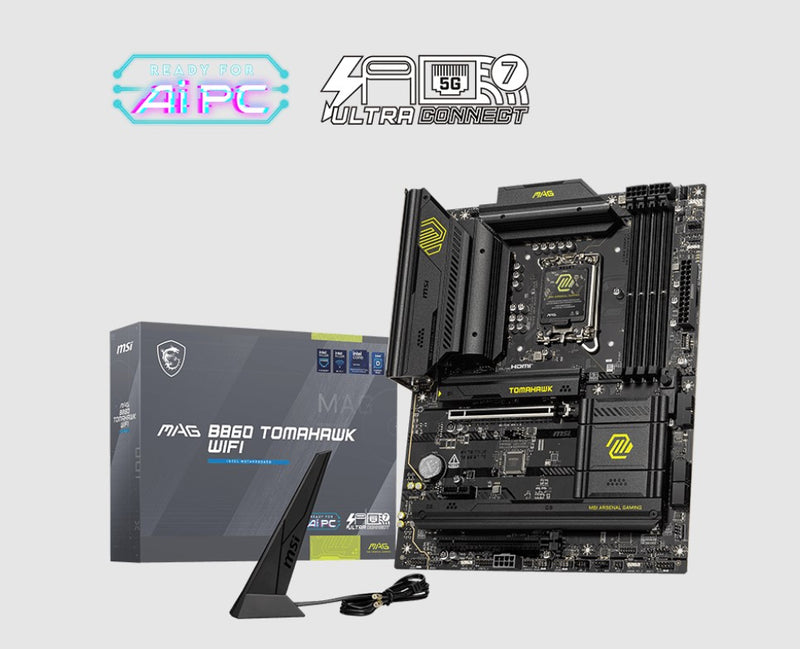MSI MAG B860 TOMAHAWK WIFI, INTEL B860, 4x DDR5 256GB, 1x HDMI, 2x PCI-E x16 slot, 1x PCI-E x1, 3x M.2, 4x SATA 6G, 8x USB 2.0. IntelÂ® Killerâ„¢ BE1750