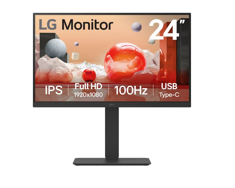 LG 24' IPS FHD 1920 x 1080, USB-C 65w PD, RJ45 100Hz 5ms, AMD FreeSync 16:9 Tilt/Height/Swivel/Pivot (Bi-direction) adjustable stand, 3yrs Monitor