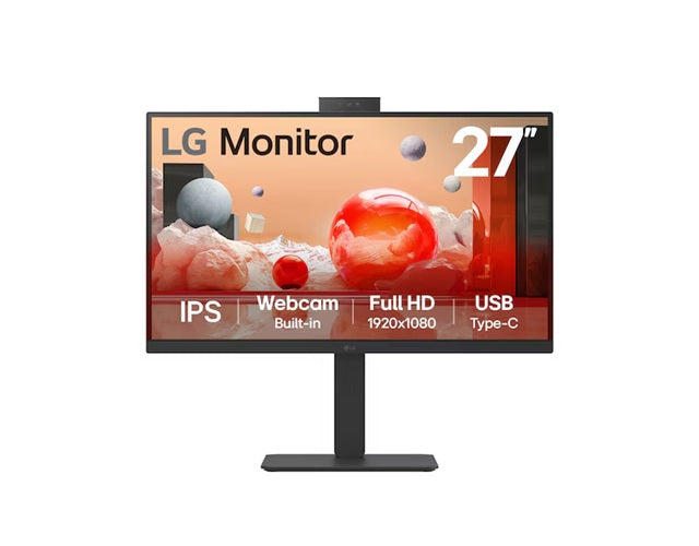 LG 27' Full HD IPS Monitor, 1920x1080, Webcam, 100â€¯Hz, 5ms, USBâ€‘C (PDâ€¯90W) + RJ45,  sRGB 99% (CIE1931), adjustable stand (tilt/height/swivel/pivot)