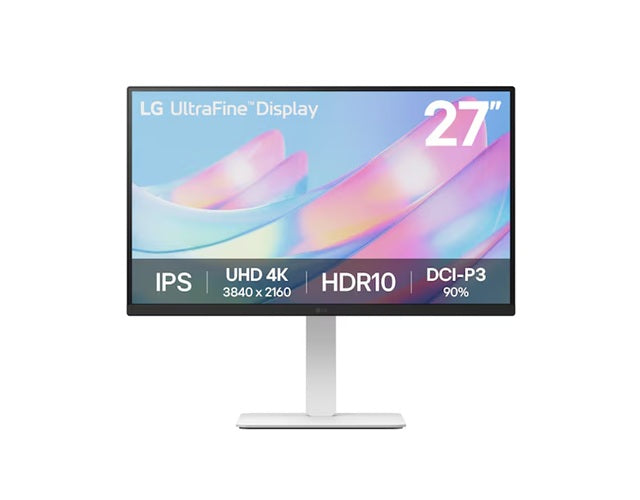 LG 27' 4K UHD UltraFineâ„¢ IPS Monitor with HDR10, DCI-P3 90%, 300 nits, USB-C, 3840Ã—2160 resolution, 5ms, 60Hz, and tilt/height/swivel/pivot stand