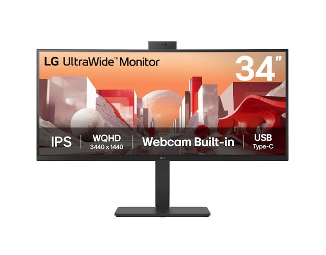 LG 34' UltraWide QHD Curved IPS Monitor with 3440x1440 resolution, sRGB 99%, HDR10, USB-C PD 90W, FHD webcam, mic, speakers & adjustable stand