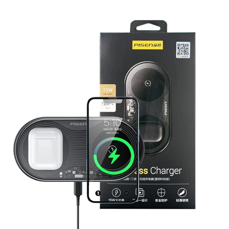 Pisen 2-in-1 Wireless Charger - XY-C18/Black, High Speed Charging, Support Simultaneous Charging, Type-C Universal Interface, 2 Years