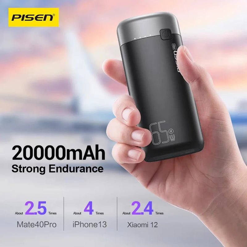 Pisen Pro 20k mAh Laptop Power Bank (3 Port) + USB-C to USB-C Cable - Black, 65W, 2x USB-A, 1x USB-C, LED Digital Display, Prevent Overcharge
