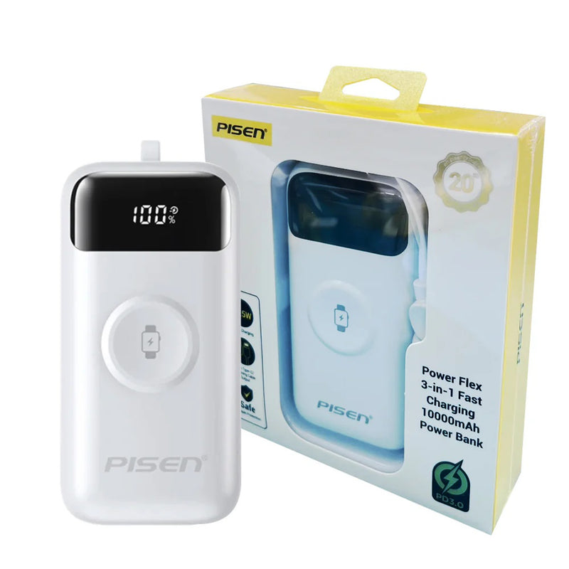 Pisen Flex 22.5W CCC-Certified 10K (10000mAh) Power Bank + Integrated Cable (Lightning + USB-C) + Watch Wireles Charging - White, 2 Years