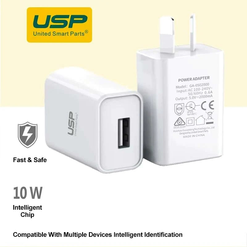 USP 10W USB-A Fast Wall Charger - White, Intelligent Chip, Smart Charging, Output Voltage DC5V/3A, Output Current 2A max, 5