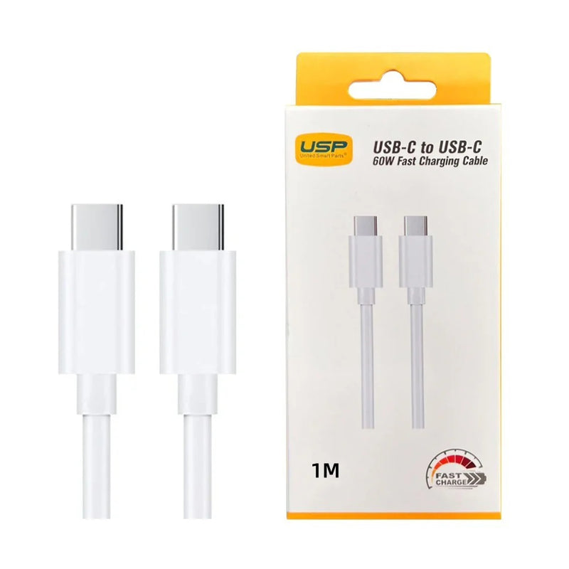 USP 60W USB-C to USB-C Mini Cable (1M) White - 3A , Fast Charge, High Performance, Samsung Galaxy,Apple iPhone,iPad,MacBook,Google, 5