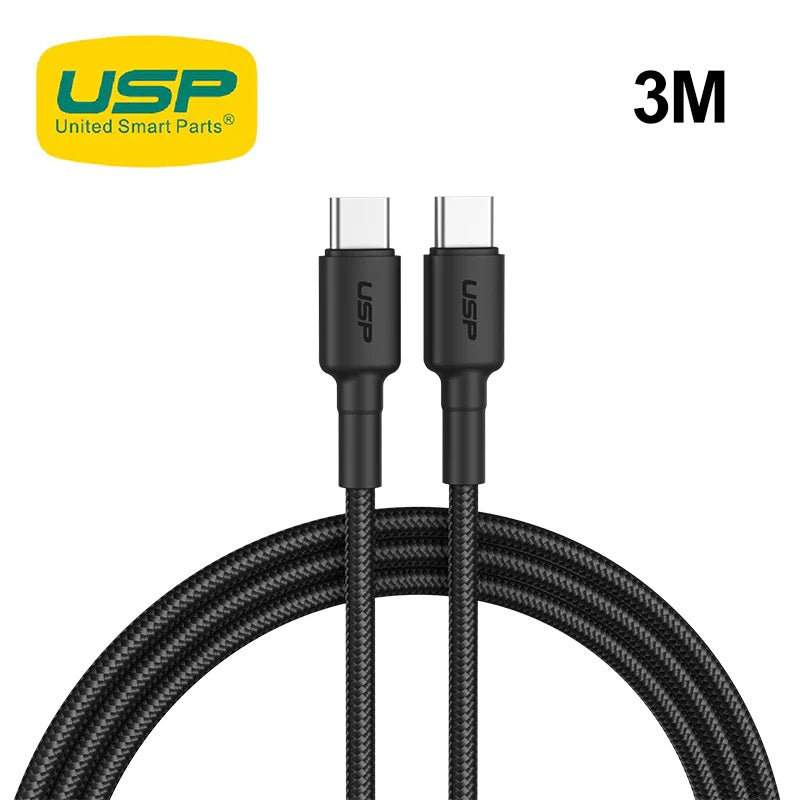 USP BoostUp Cafule Braided USB-C to USB-C Cable (3M) Black - 3A, Strong & Durable, Bend-resistant, Nylon Braid, USB-C Compatibility, 5