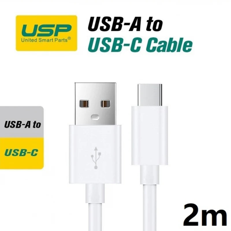 USP USB-C to USB-A Cable (2M) White - 3A, Durable, Fast Charge, High Quality, Samsung Galaxy, iPad, MacBook, Google, OPPO, Nokia, 5