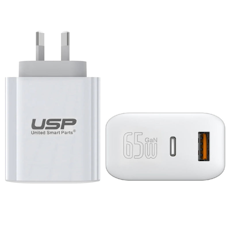 USP 65W Dual Port GaN Fast Wall Charger - White, 1xUSB-C(45W PD), 1xUSB-A(18W QC 3.0), Intelligent PPS Technology, 5