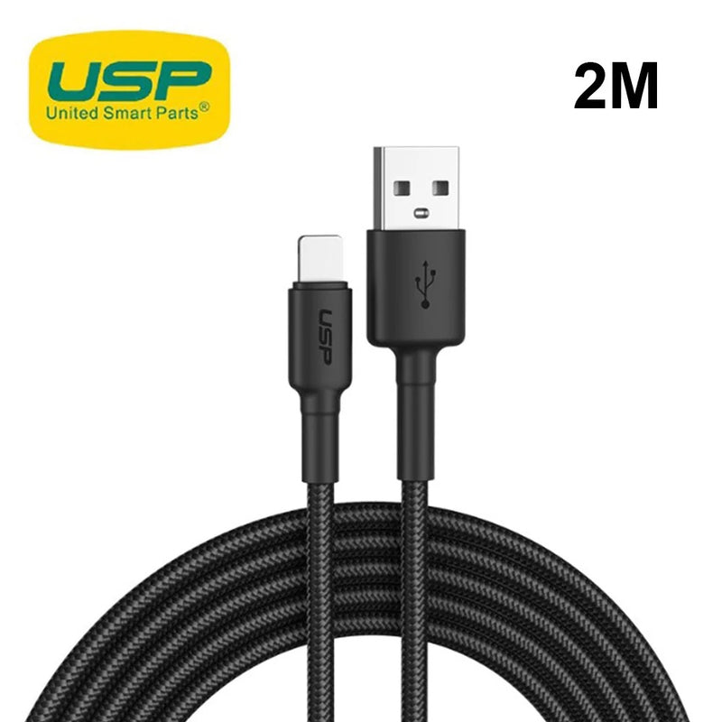 USP BoostUp Braided Lightning to USB-A Cable (2M) Black - Quick Charge & Connect, 2.4A Rapid Charge, Durable, Nylon Weaving, 5