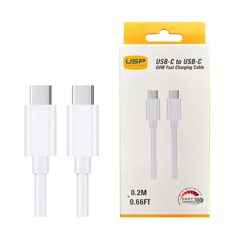 USP USB-C to USB-C 60W Mini Cable (0.2M) White - High Performance,Durable, High Speed, Samsung Galaxy, Apple iPhone, iPad, MacBook, 5