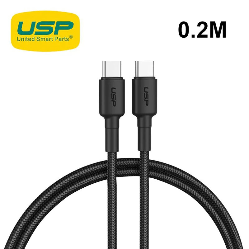 USP BoostUp Braided USB-C to USB-C Cable (0.2M) Black-3A/60W, Fast & Safe Charge,Samsung Galaxy,Apple iPhone,iPad,MacBook,Google,OPPO,5