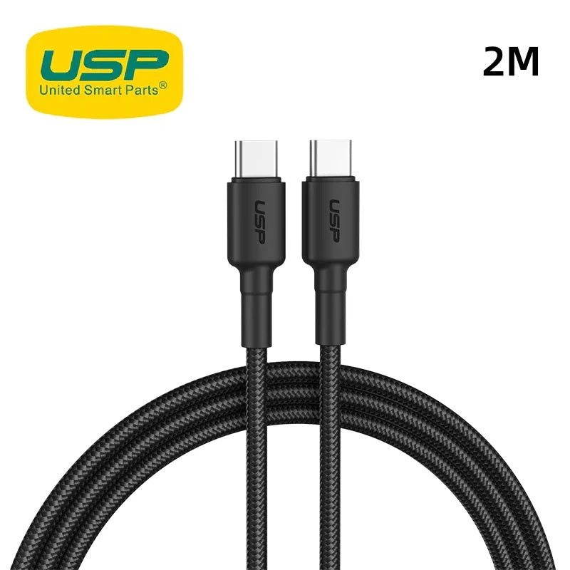 USP BoostUp Braided USB-C to USB-C Cable (2M) Black -3A/60W, Fast & Safe Charge,Samsung Galaxy,Apple iPhone,iPad,MacBook,Google,OPPO, 5