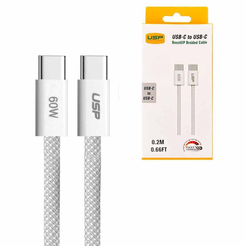 USP BoostUp Braided USB-C to USB-C Cable (0.2M) - White, 3A/60W, 480Mbps, 40K+ Bends, Safe & Fast, Apple iPhone, Samsung Galaxy, 5