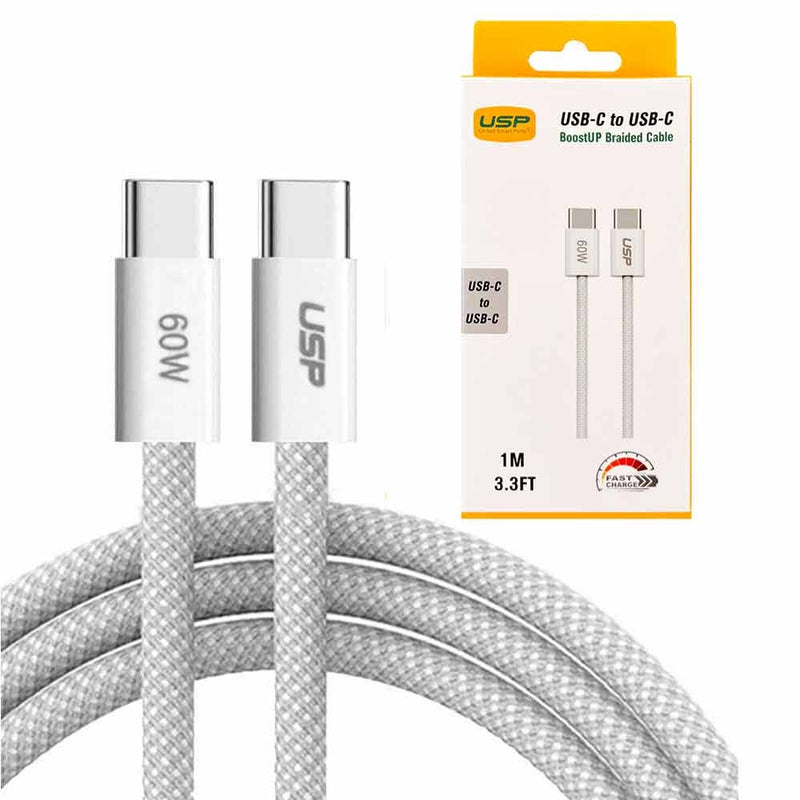 USP BoostUp Braided USB-C to USB-C Cable (1M) - White, 3A/60W, 480Mbps, 40K+ Bends, Solid & Durable, Apple iPhone, Samsung Galaxy, 5