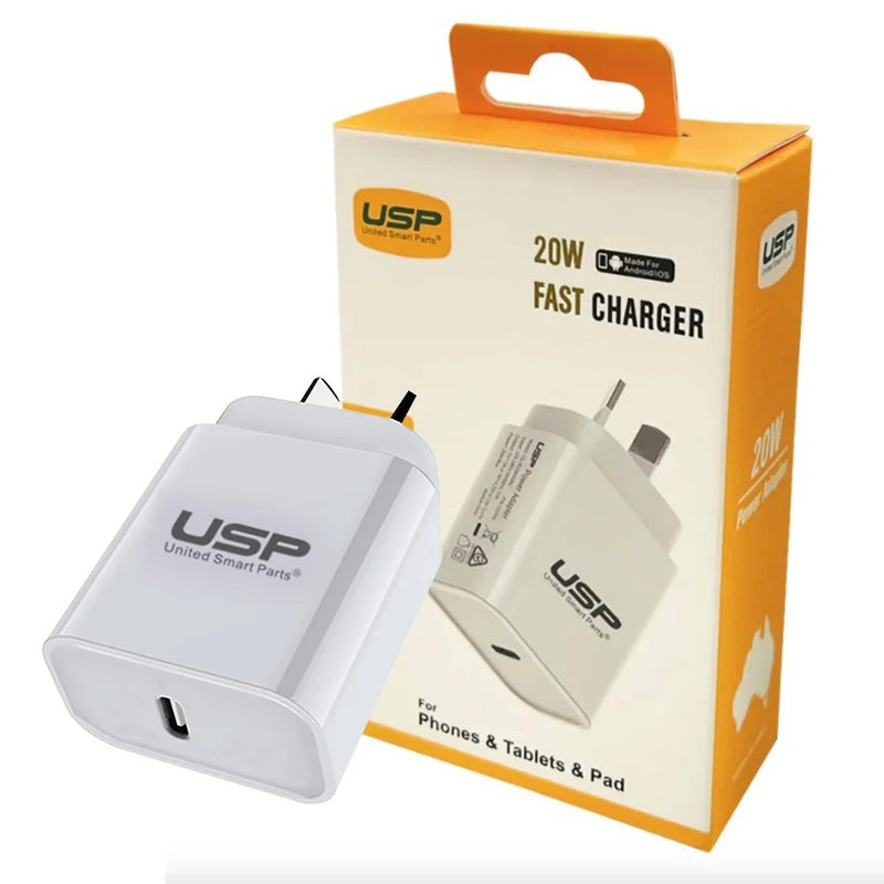 USP 20W USB-C PD Fast Wall Charger - White, Fast Charging, Safety Certified, Universally Compatible, Lightweight and Portable, 5