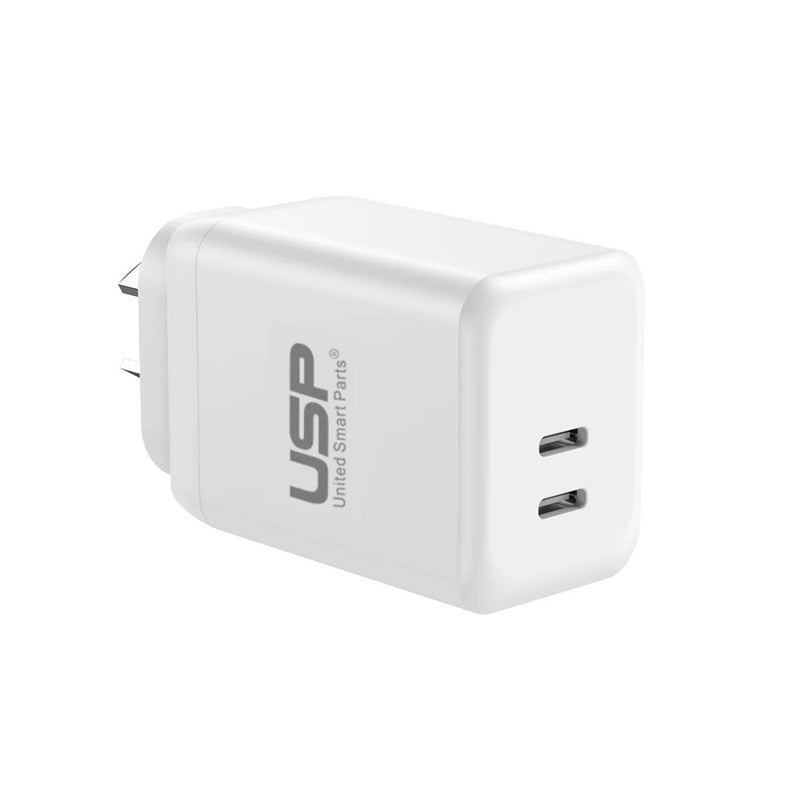 USP 45W Dual Port USB-C PD GaN Fast Wall Charger - White, Charge Two Device Simultaneously,Compact and Lightweight, 5