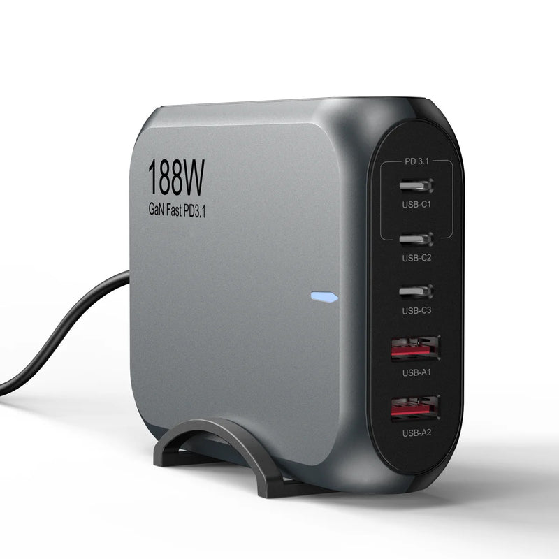 USP 188W GaN 5 Ports USB-C PD Laptop Wall Charger Black - 3x USB-C, 2x USB-A, Efficiently, High Quality, Tablet, Laptop, iPhone, 5