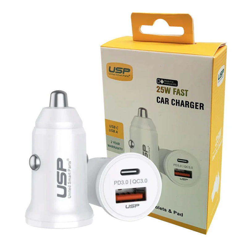 USP 43W Dual Port Fast Car Charger - White, 1xUSB-C(25W), 1xUSB-A(18W QC 3.0), Compact & Lightweight, 5