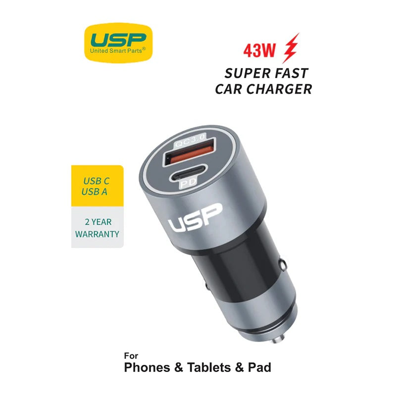 USP 43W Dual Port Car Charger (USB-C PD 25W + USB-A QC 3.0) – Silver, Smart Protection, Dual USB, Fast charging for Samsung & iPhone, 5