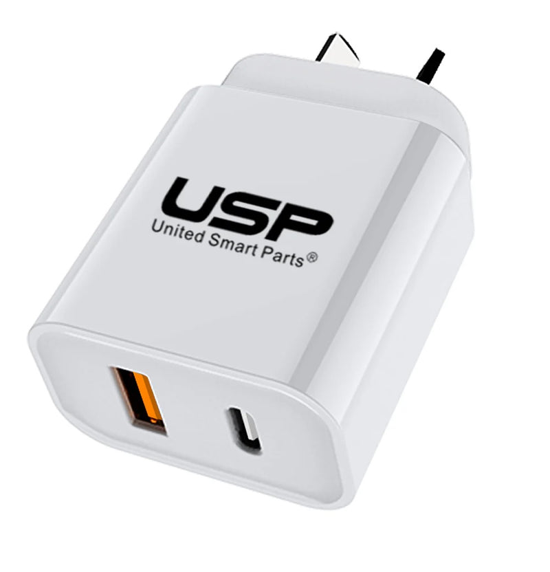USP 20W Dual Port Fast Wall Charger - White, 1xUSB-C(20W PD), 1xUSB-A(18W QC 3.0), Compact and Lightweight, 5