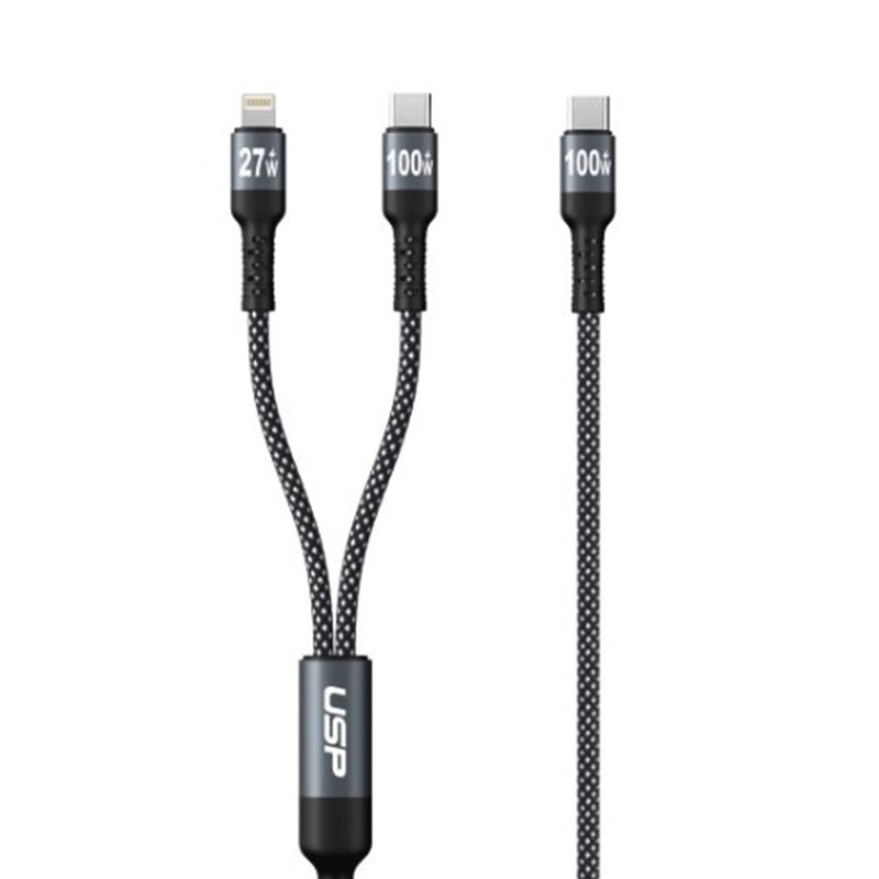 USP Braided 2-in-1 USB-C to Lighting (27W) + USB-C (100W) Super Fast Charging Cable (1.2M) Black - High Speed Charging, 5