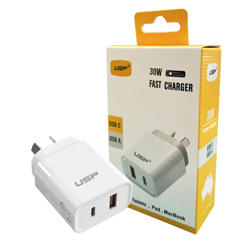 USP 30W Dual Port Fast Wall Charger - White, 1xUSB-C(30W PD), 1xUSB-A(18W QC 3.0), Compact and Lightweight, 5