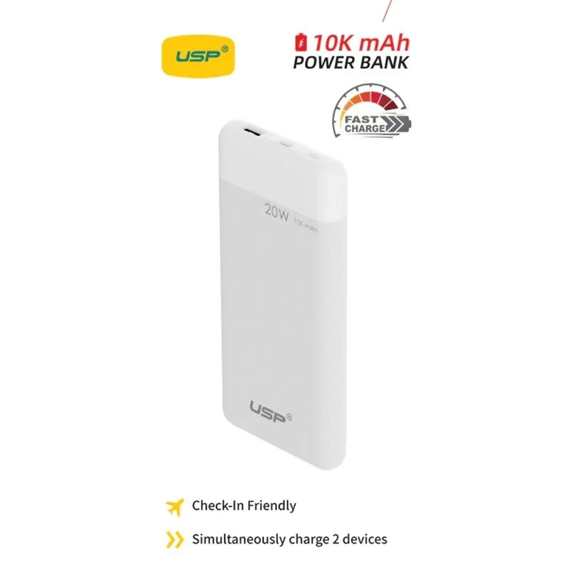 USP 10K mAh Power Bank White - 20W Fast Charge, 1x USB-C, 1x USB-A, Built-in Electricity Indicator Light, Fire-Resistant, 2