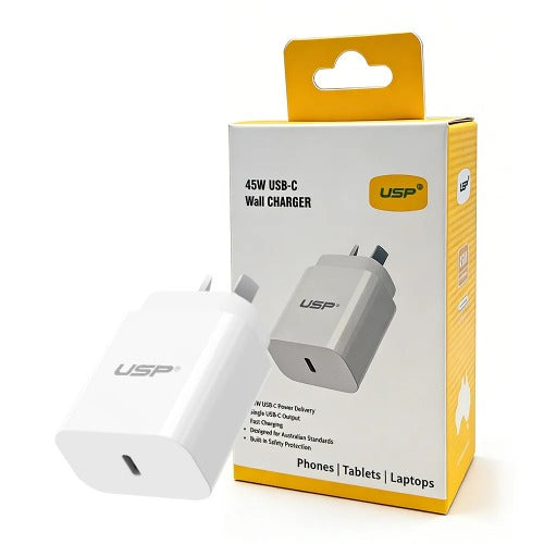 USP 45W GaN Single USB-C PD Wall Charger - White, Compact Design, Smart and Reliable, Built-in Safety Protection, 5